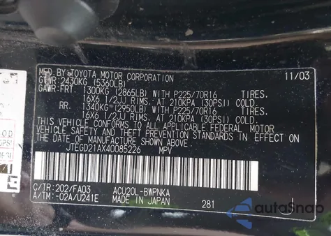 2004 Toyota Highlander from USA, damaged, VIN JTEGD21AX40085226